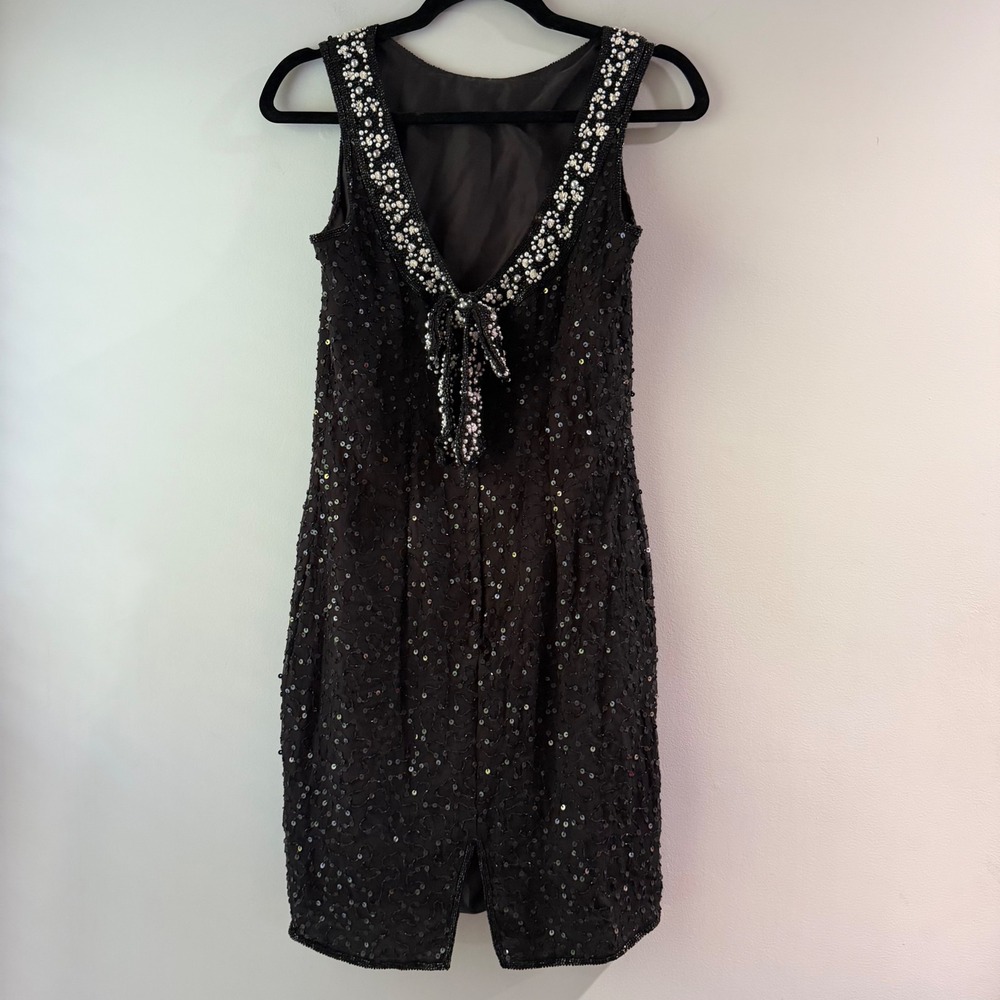 Vintage Sténay Cocktail Dress Womens 6 Black Sequin Silk Beaded Bow Back